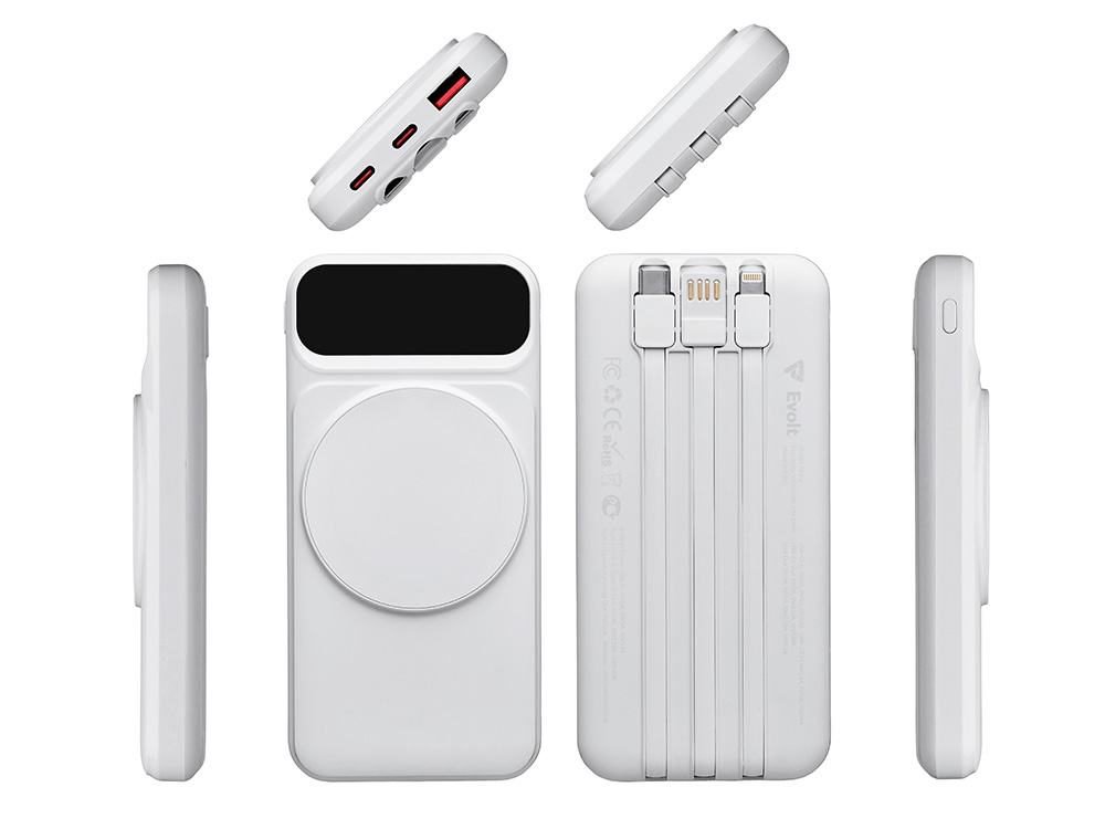 Магнитный беспроводной внешний аккумулятор со встроенными кабелями Мэни,быстаря зарядка, 10000 мАч, белый-2