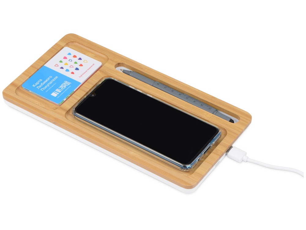 Беспроводное зарядное устройство-органайзер из бамбука Timber, натуральный/белый-1
