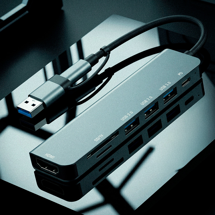 USB-хаб STEM 7 в 1, серый, алюминий, серый-3