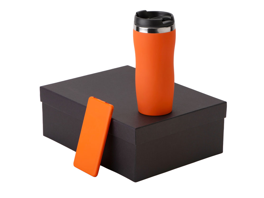 Подарочный набор c вакуумной термокружкой и повербанком С1, оранжевый-0