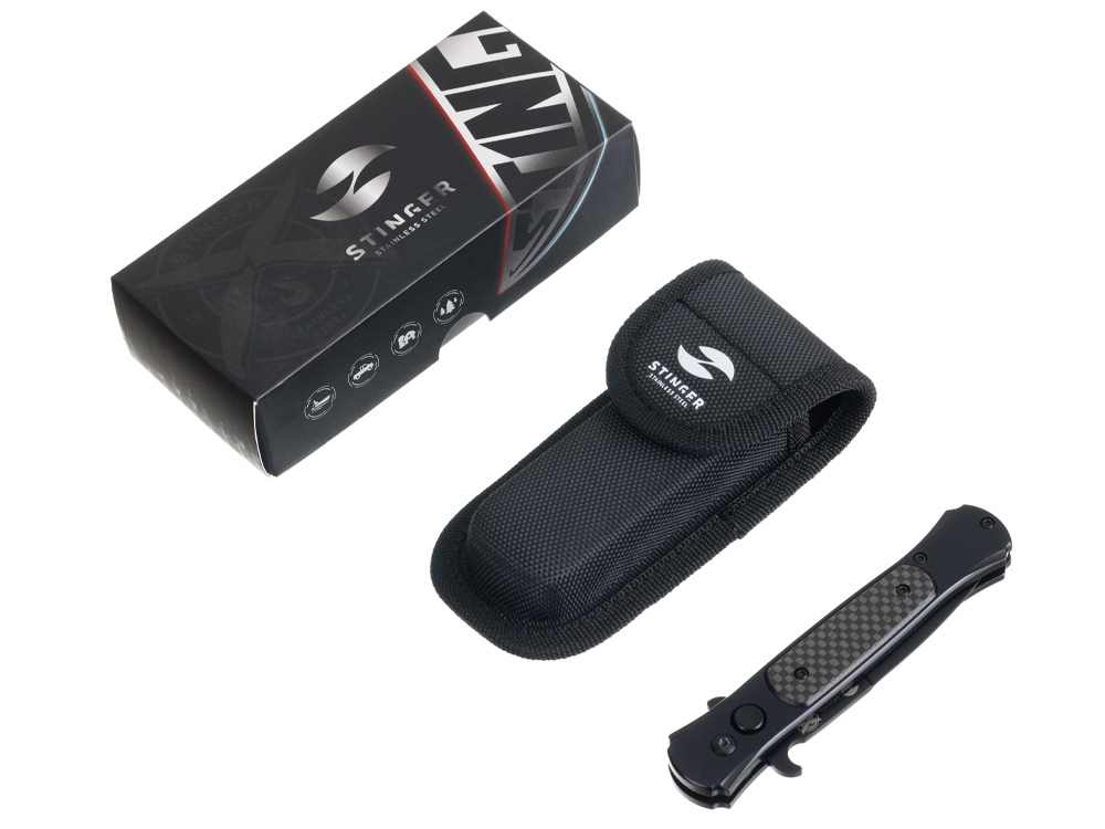 Нож складной Stinger, 118 мм, (черный), материал рукояти: нержавеющая сталь, карбон-4