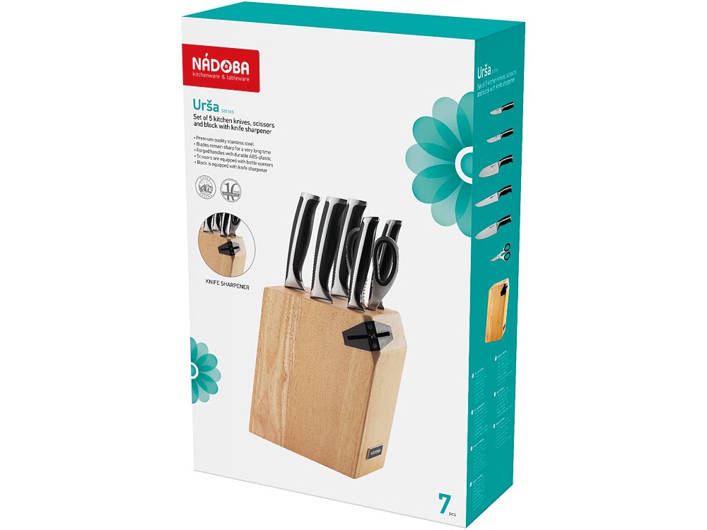 Набор из 5 кухонных ножей, ножниц и блока для ножей с ножеточкой, NADOBA, серия URSA-6