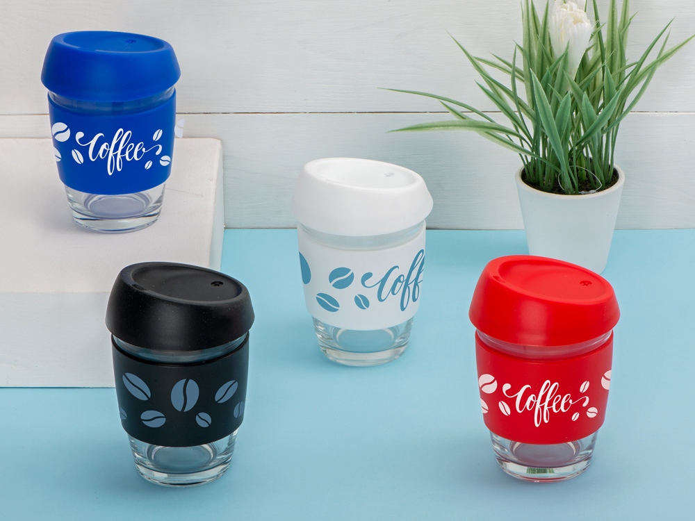 Стеклянный стакан Monday с силиконовой крышкой и манжетой, 350мл, белый-4