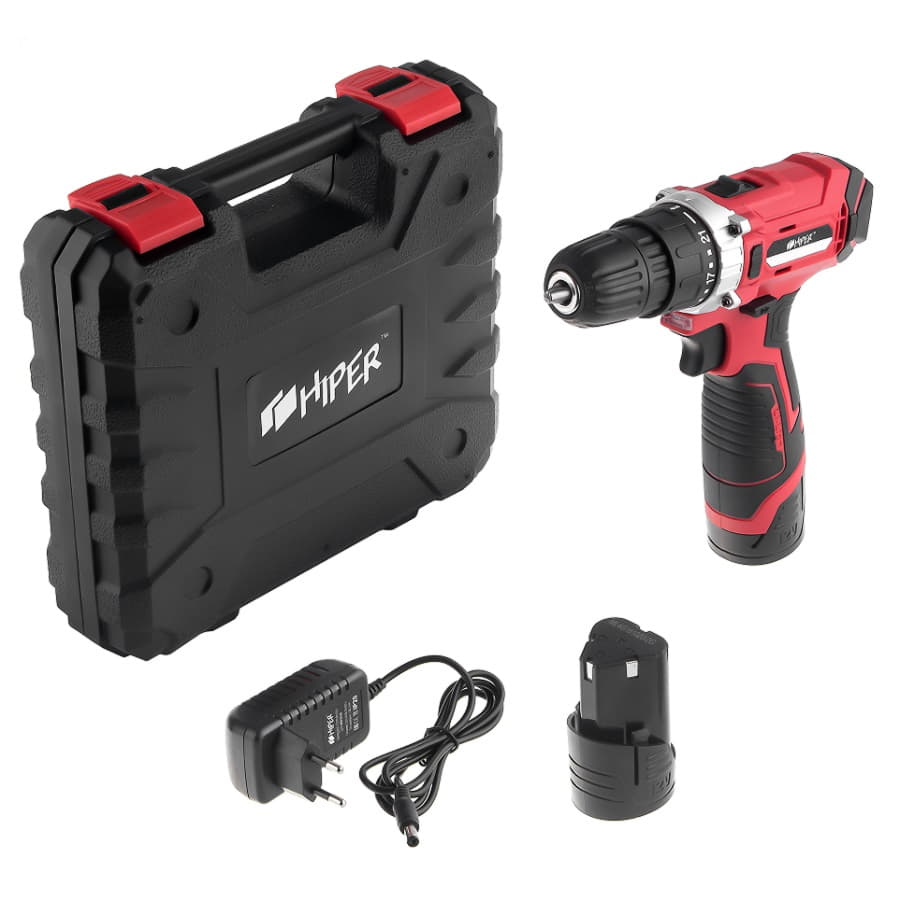 Шуруповерт аккумуляторный HIPER HCD12A/2А, 12В, в кейсе, Li-ion батарея 1,5 Ач (2 шт), 25Нм, красный-2