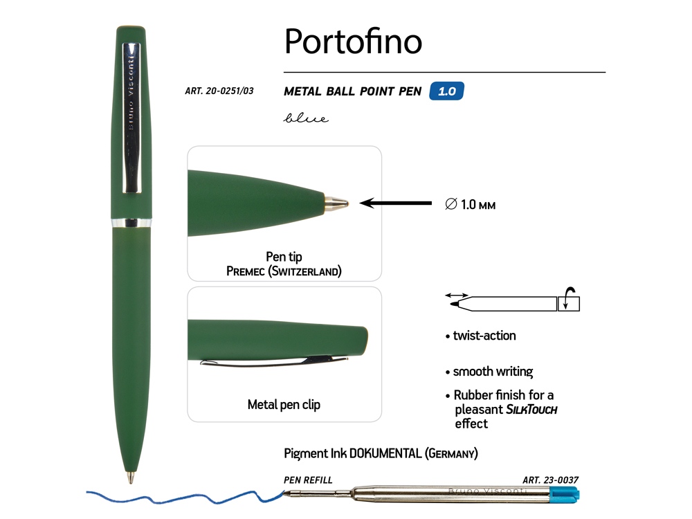 Ручка металлическая шариковая Portofino, софт-тач, 1.0 мм, зеленый-2