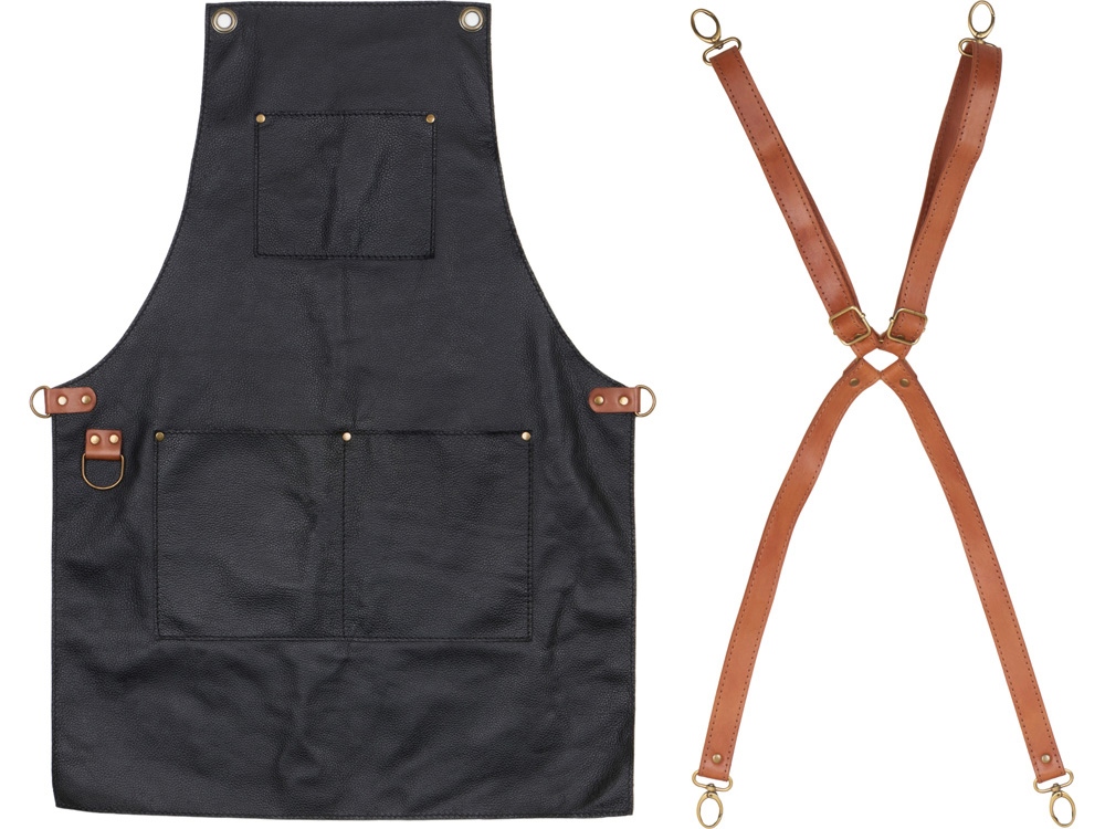 Фартук из натуральной кожи флотер  Материал: натуральная кожа КРС, цвет фартука: черный, цвет ремней: светлый бук, фурнитура из металлического сплава ЦАМ, цвет фурнитуры: антик, размер универсальный-6