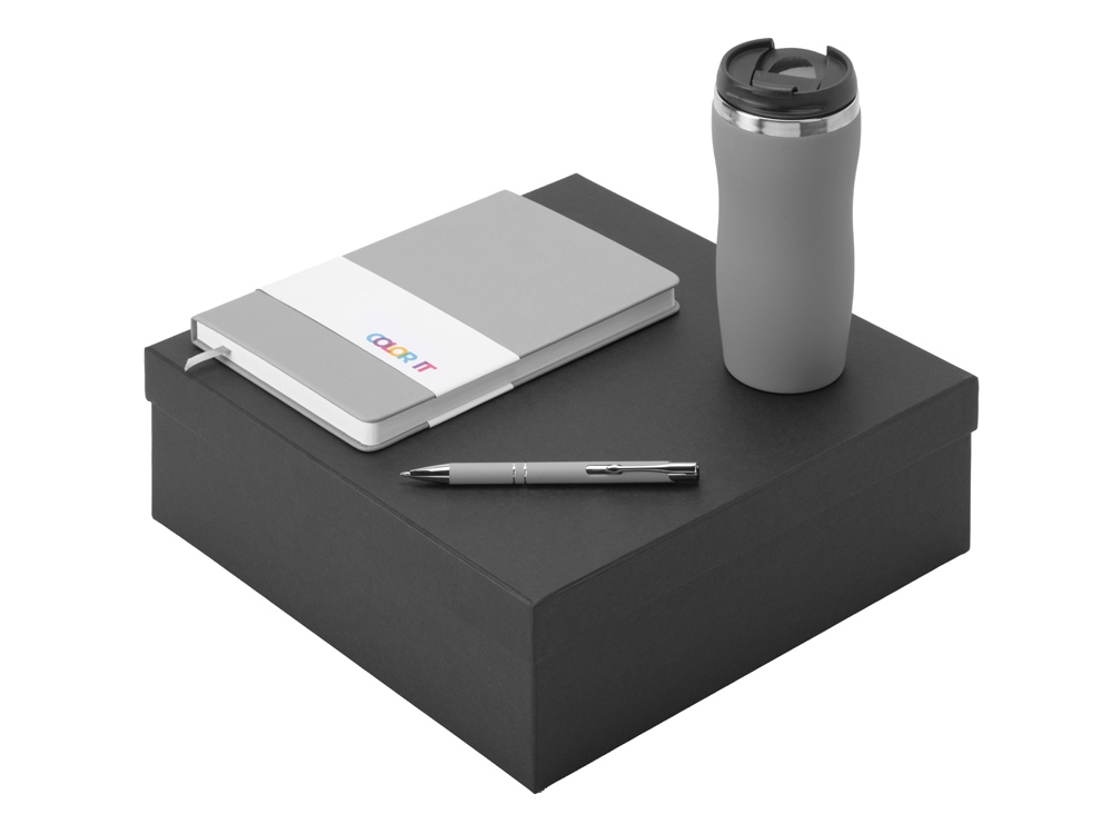 Подарочный набор с блокнотом С2, металлической ручкой и термокружкой, серый-0