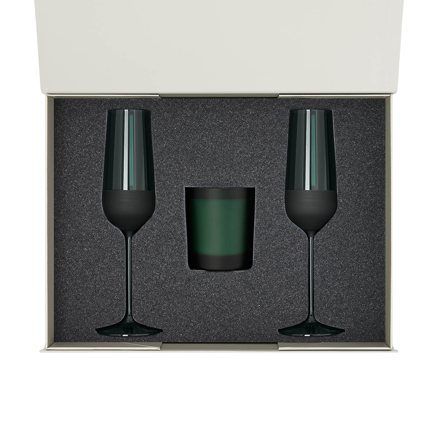 Подарочный набор свеча Enigma + 2 бокала для шампанского Emerald в серой коробке-1