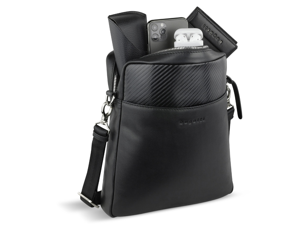 Сумка наплечная мужская BUGATTI Comet, чёрная, воловья кожа/полиэстер, 23,5х5х26 см-4