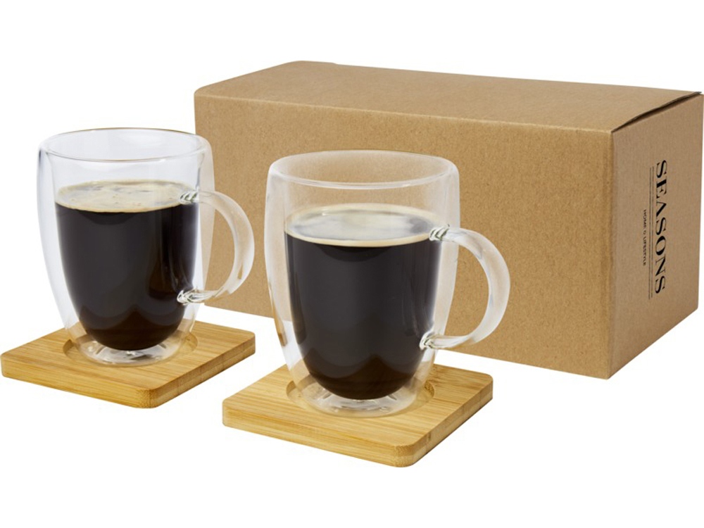 Стеклянный стакан Manti объемом 350 мл с двойными стенками и подставкой из бамбука, 2 шт. , natural-0