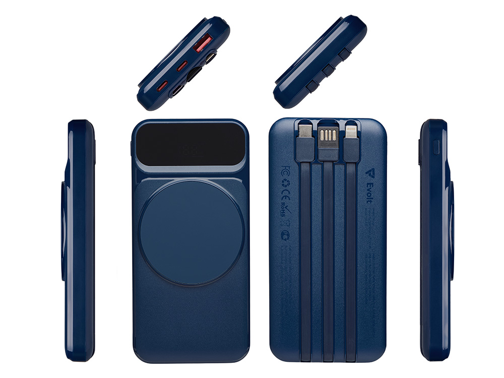 Магнитный беспроводной внешний аккумулятор со встроенными кабелями Мэни,быстаря зарядка, 10000 мАч, тёмно-синий-2
