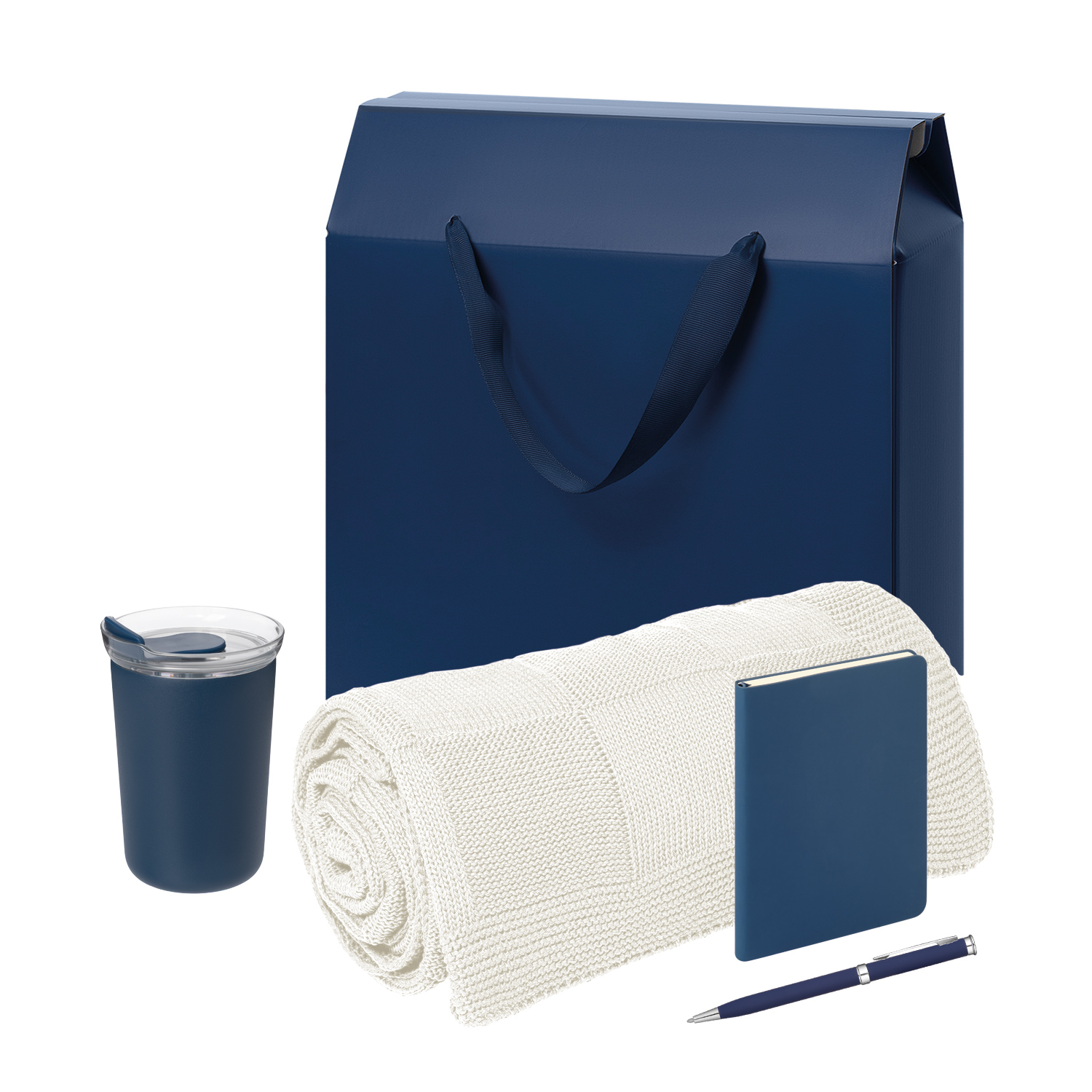 Подарочный набор Велком Пак Спарк мини (Welcome Pack Spark mini), синий (термокружка, блокнот, ручка, плед, коробка-пакет)-0