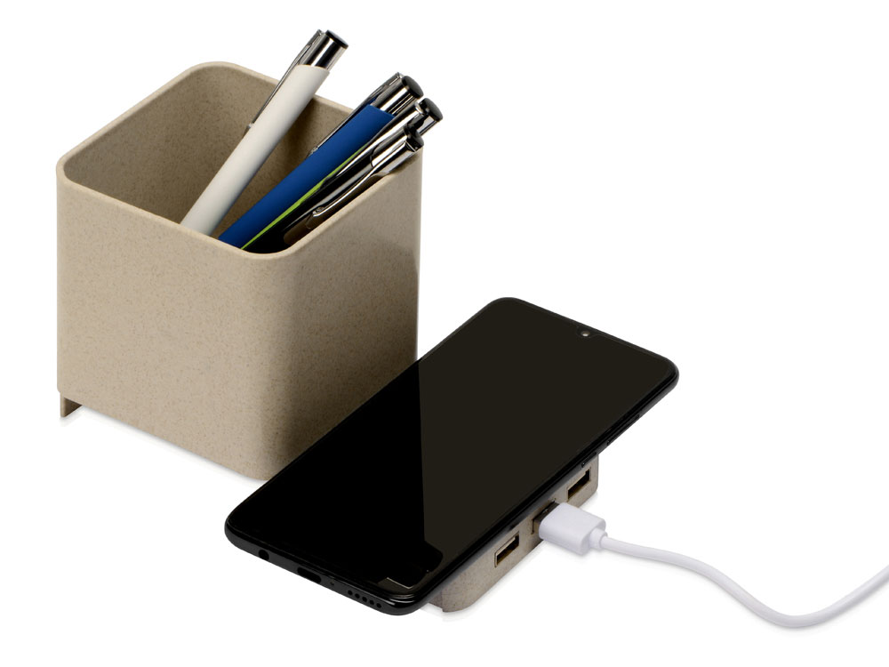Настольный органайзер Cubic из пшеничного волокна с функцией беспроводной зарядки и выходами USB-0