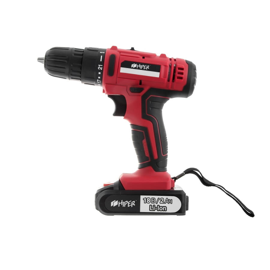 Шуруповерт аккумуляторный HIPER HCD18В, 18В, в кейсе, Li-ion батарея 2,0 Ач (2 шт), 35Нм, красный-1