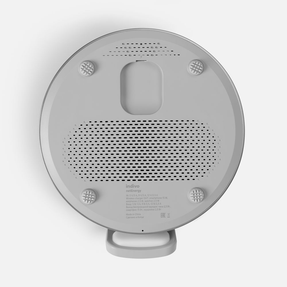 Bluetooth-колонка с беспроводной зарядкой и часами netEnergy, серая-3