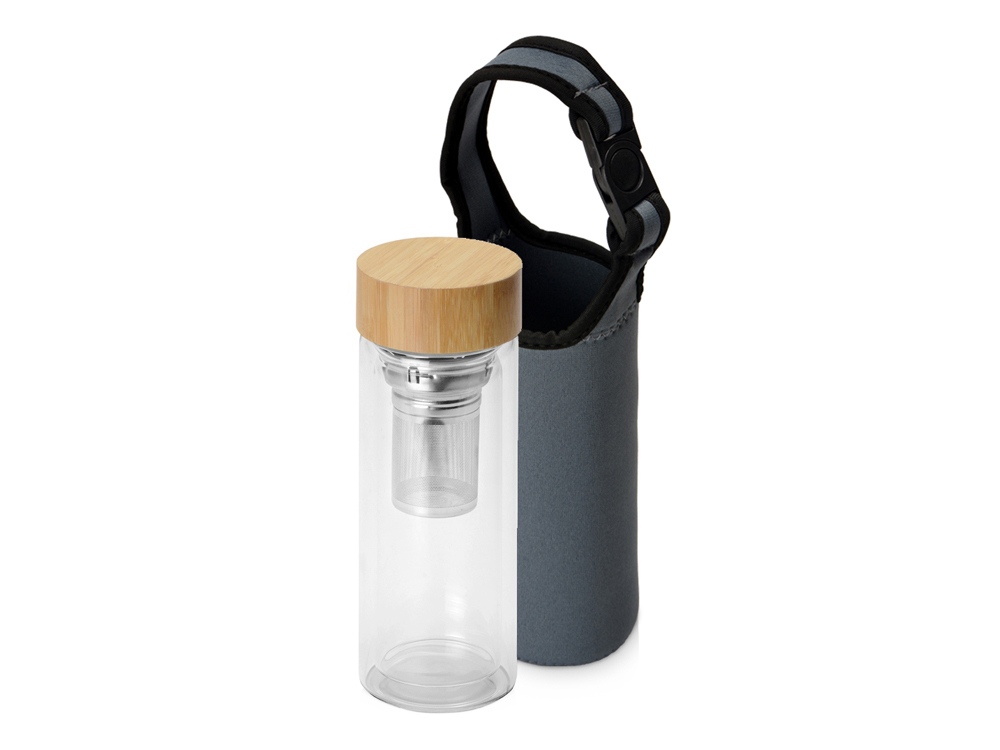 Стеклянный термос из стекла с двойными стенками и ситечком 320 мл Badachu в чехле, прозрачный-0