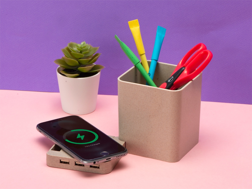 Настольный органайзер Cubic из пшеничного волокна с функцией беспроводной зарядки и выходами USB-11