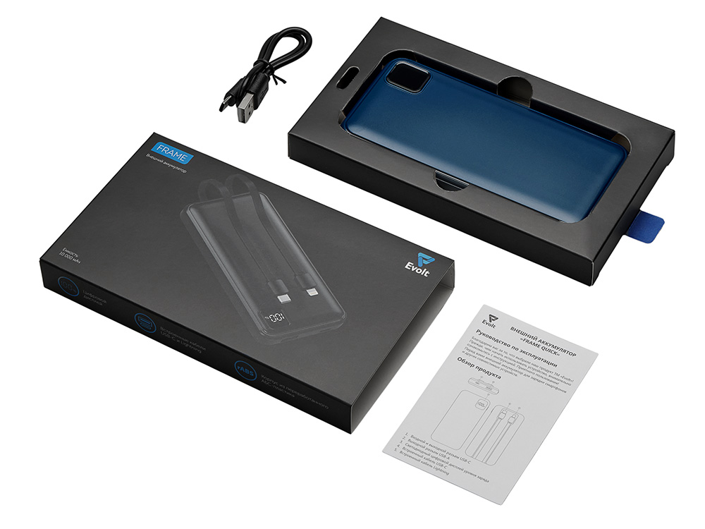 Внешний аккумулятор со встроенными кабелями Фрэйм, 10000мач, темно-синий-6