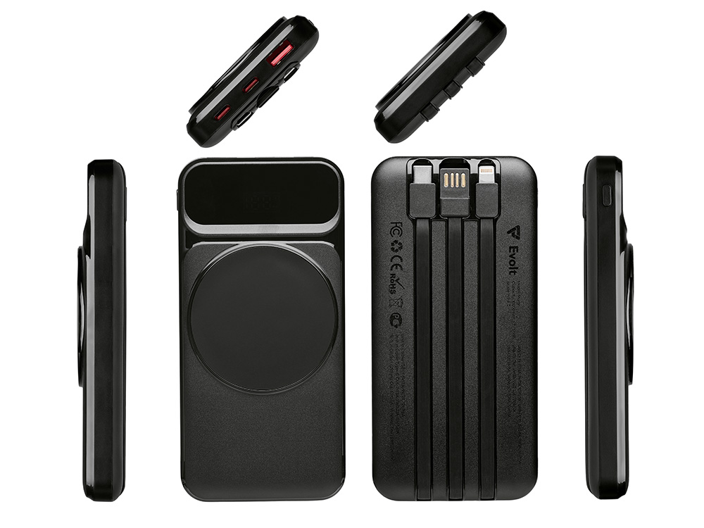 Магнитный беспроводной внешний аккумулятор со встроенными кабелями Мэни,быстаря зарядка, 10000 мАч, черный-2