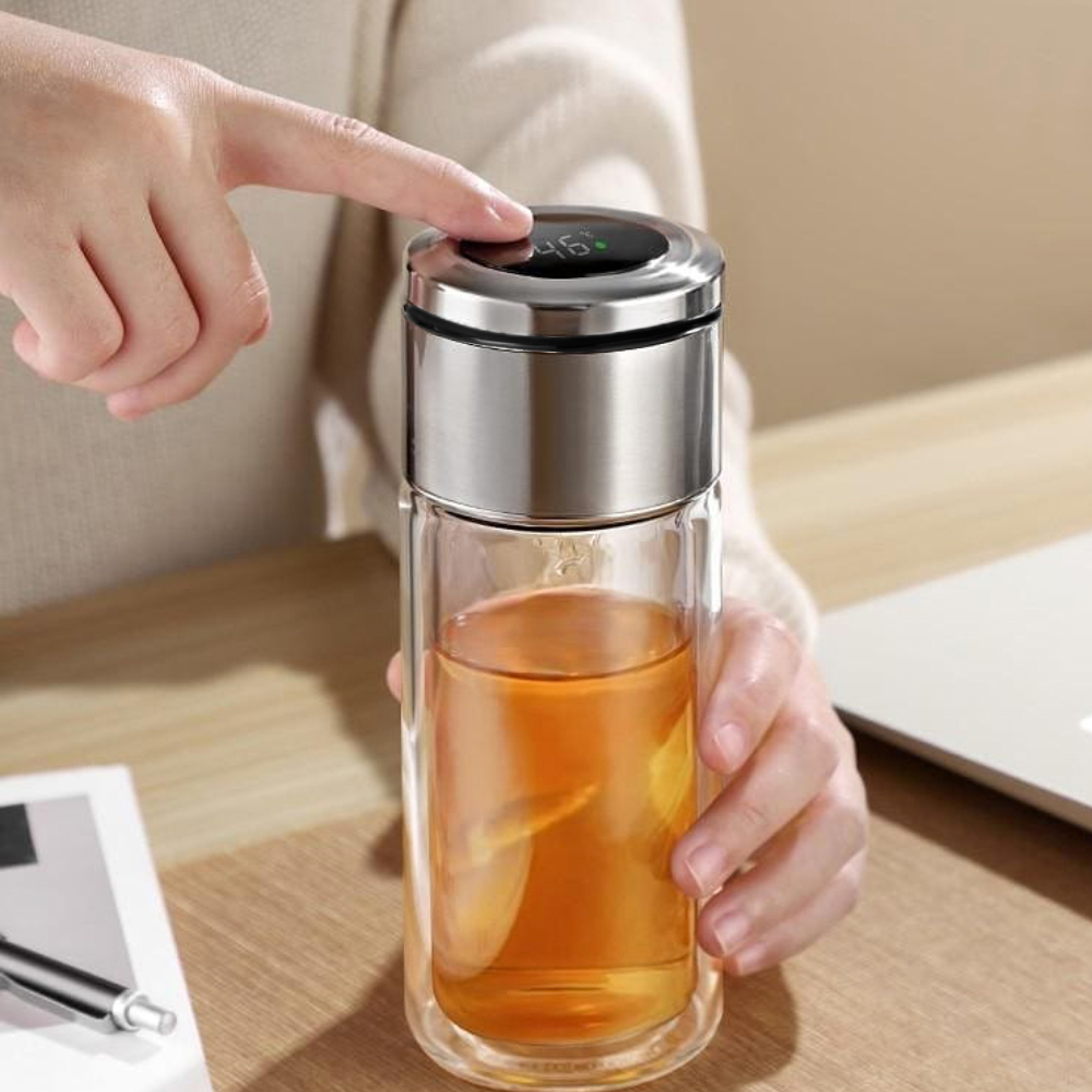 Термос стеклянный для чая Sabi  cо светодиодным дисплеем, Серебристый-1