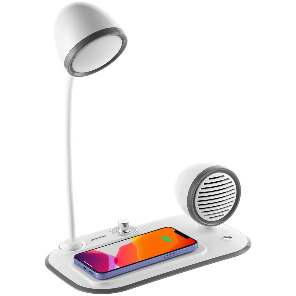 Лампа с колонкой и беспроводной зарядкой Flashback, белая-2