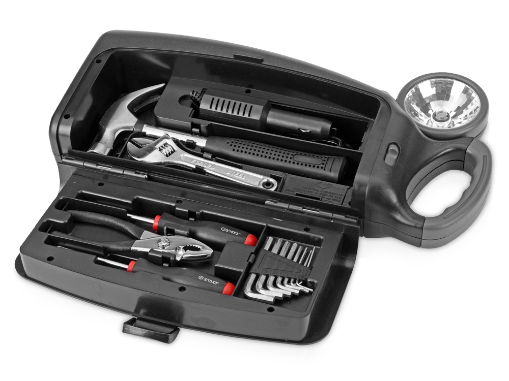 Набор инструментов автомобилиста с фонарем, 14 предметов, черный-1