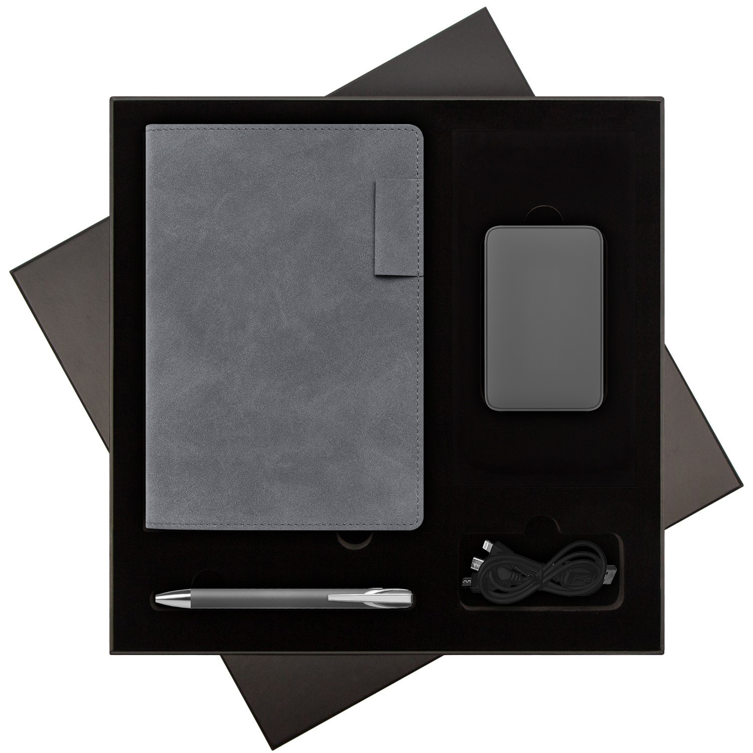 Подарочная коробка с ложементом для ежедневника, ручки и аккумулятора, черная (под съемные ложементы)-6