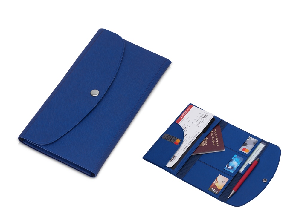 Органайзер для документов на кнопке с отделением для купюр и ручки, упаковка в индивидуальный пакет, синий/темно-синий-0