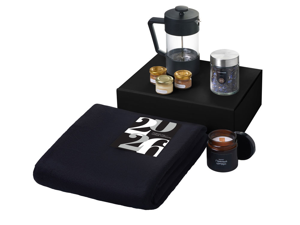 Подарочный набор c пледом, френчпрессом, чаем и медом, черный-1