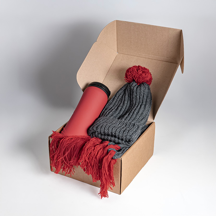 Набор подарочный COLD NIGHT: шарф и шапка, термокружка; красный, красный-2