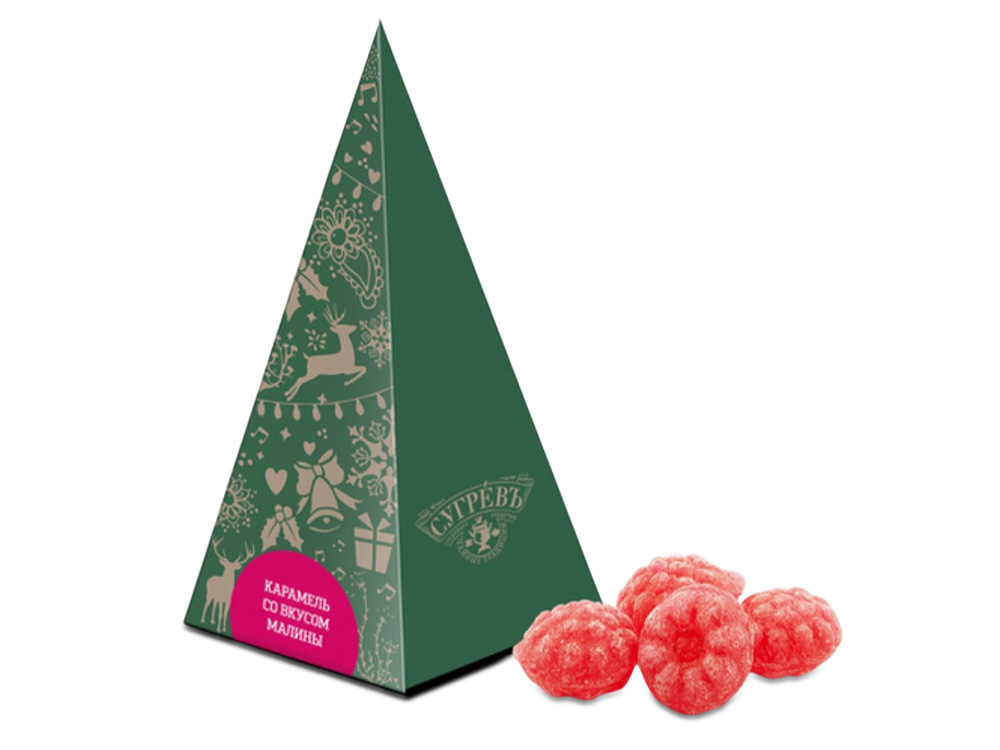 Елка из картона с бронзовым новогодним паттерном с малиновым монпансье, 50 г.-0