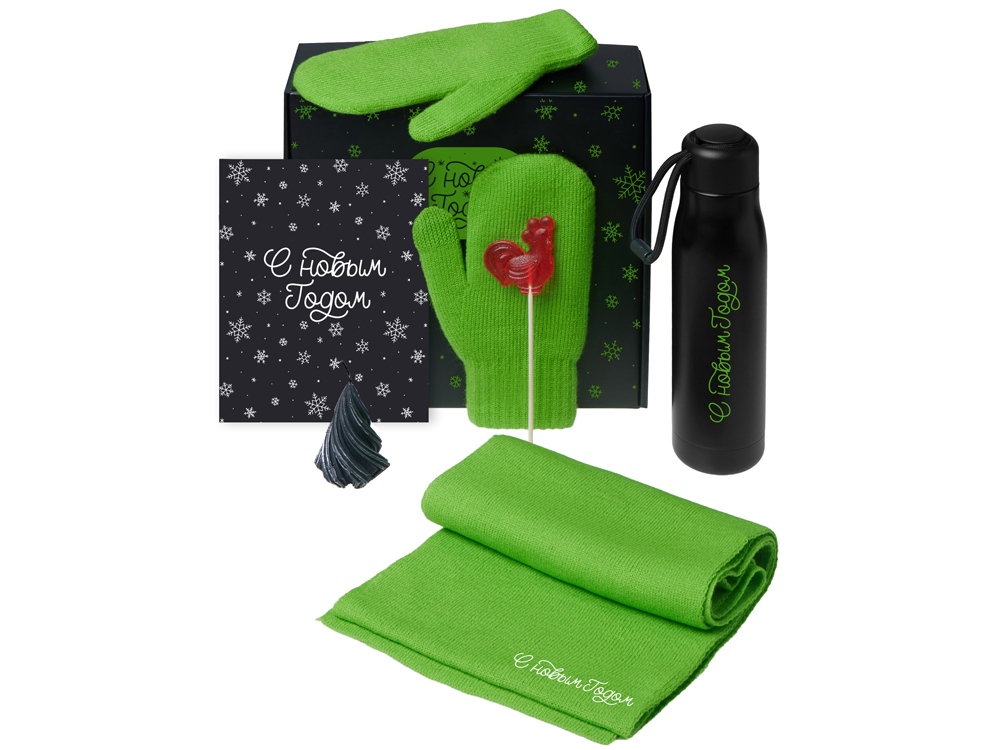 Подарочный набор с варежками, шарфом и термосом, зеленое яблоко-0
