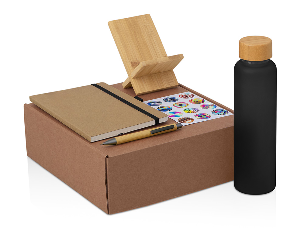 Подарочный набор с бутылкой для воды. блокнотом, ручкой и подставкой для телефона, черный-0