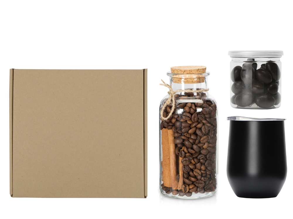 Подарочный набор с термокружкой, кофе и миндалем в шоколаде, черный-0
