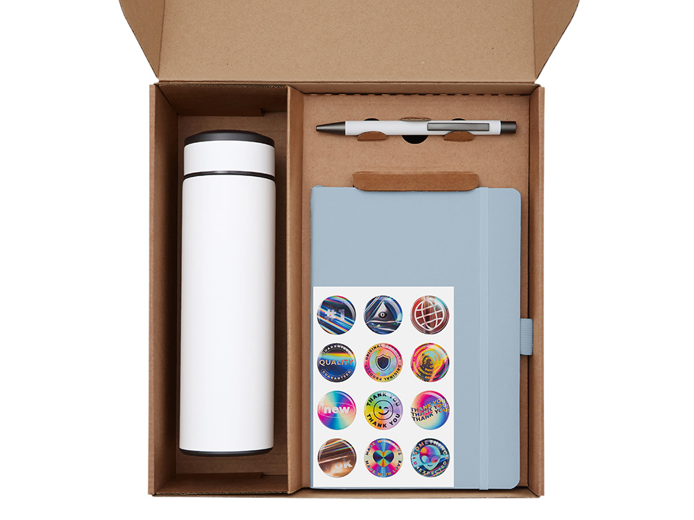 Подарочный набор с термосом, блокнотом, ручкой и чаем, голубой-1