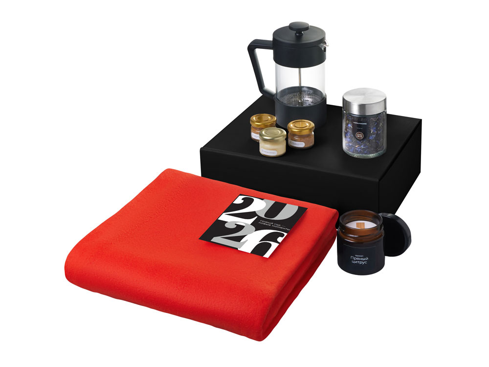 Подарочный набор c пледом, френчпрессом, чаем и медом, красный-1