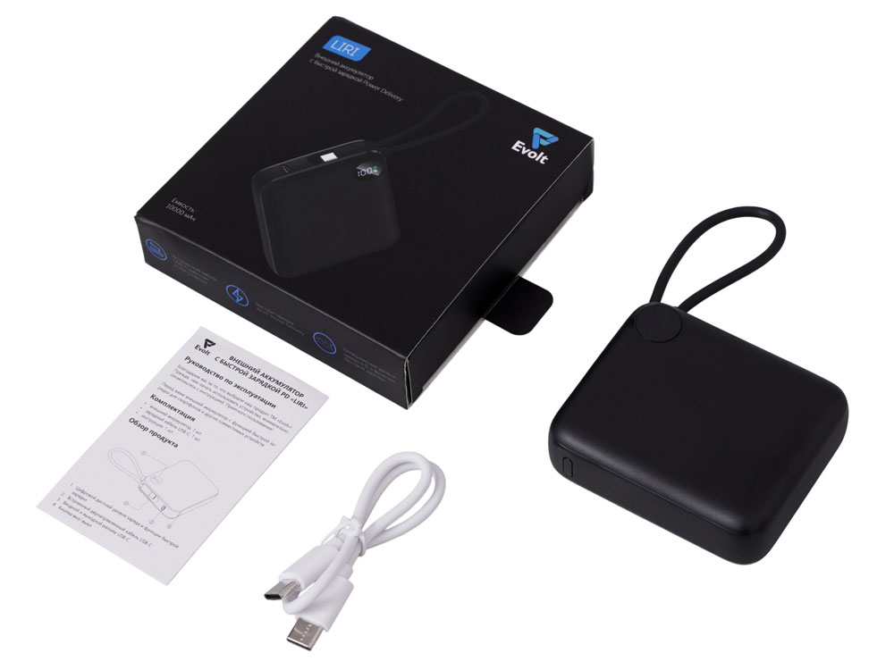 Внешний аккумулятор со встроенным кабелем Liri, QC/PD, 10000 мАч, черный-1