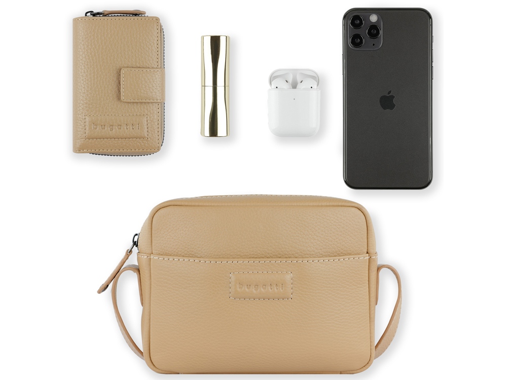 Сумка кросс-боди женская BUGATTI Elsa, песочного цвета, воловья кожа/полиэстер, 19х5,5х14 см-10