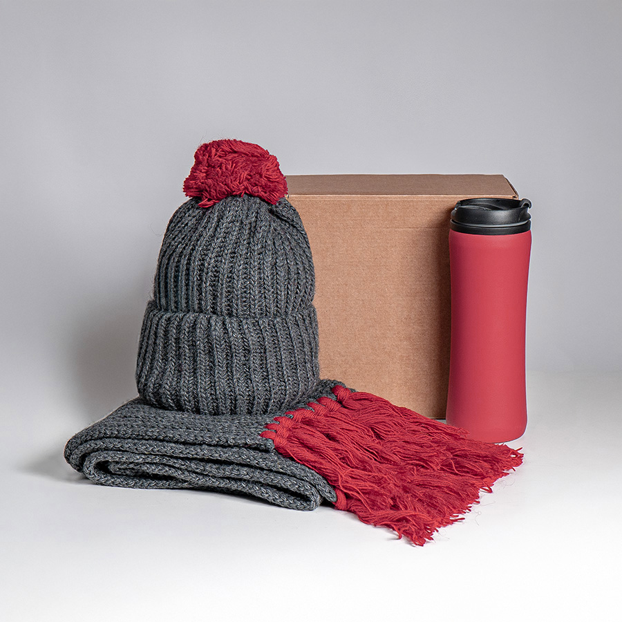 Набор подарочный COLD NIGHT: шарф и шапка, термокружка; красный, красный-0