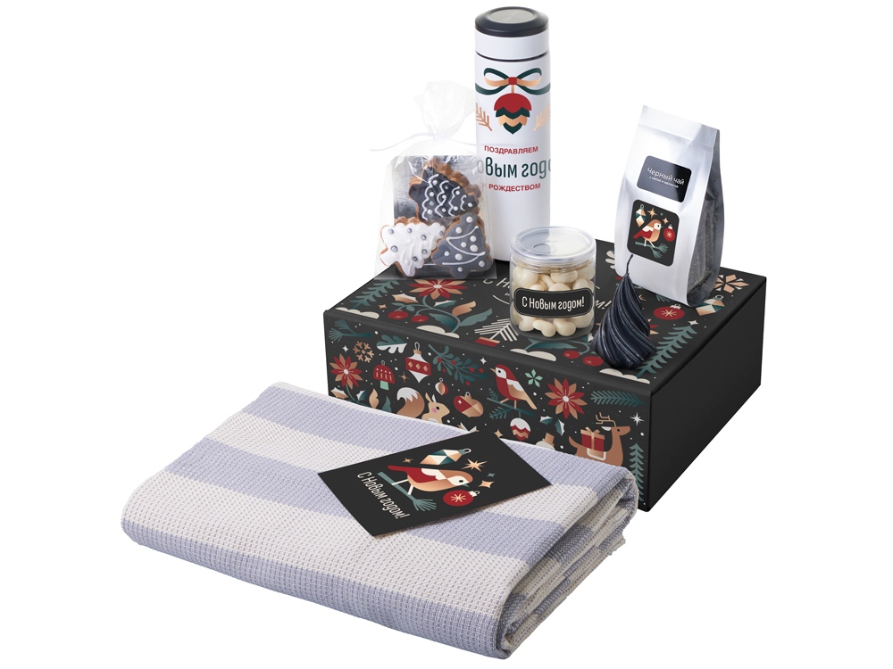 Подарочный набор c пледом, термосом, свечой и миндалем, белый-0