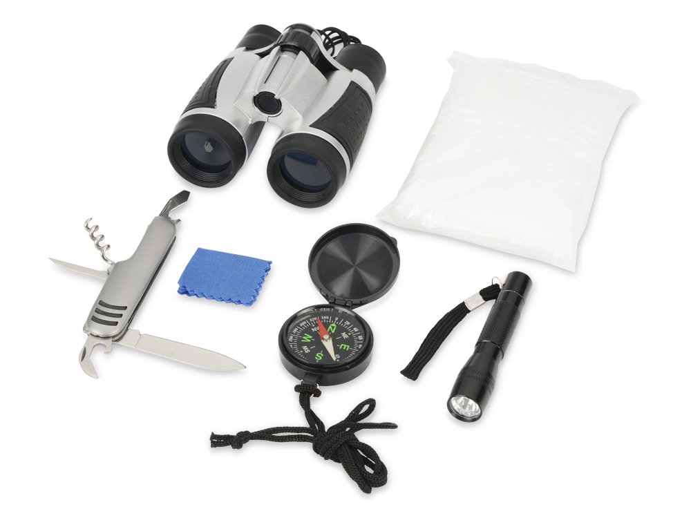 Набор путешественника: бинокль 4х30, мультиинструмент, фонарь, компас, дождевик, салфетка-1