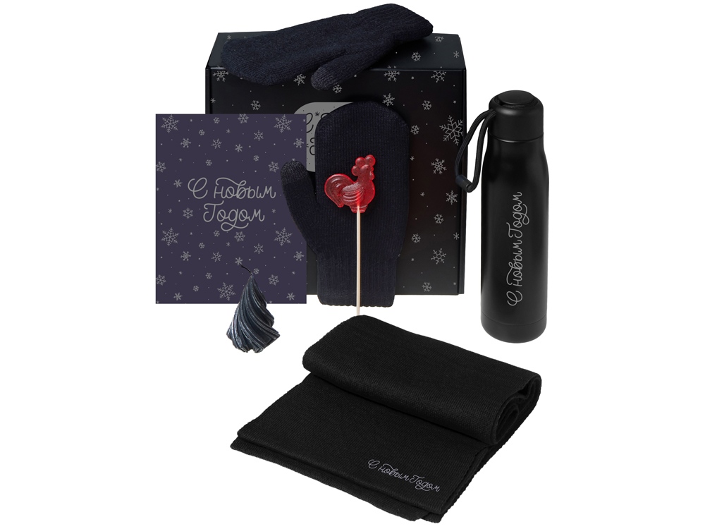 Подарочный набор с варежками, шарфом и термосом, черный-0