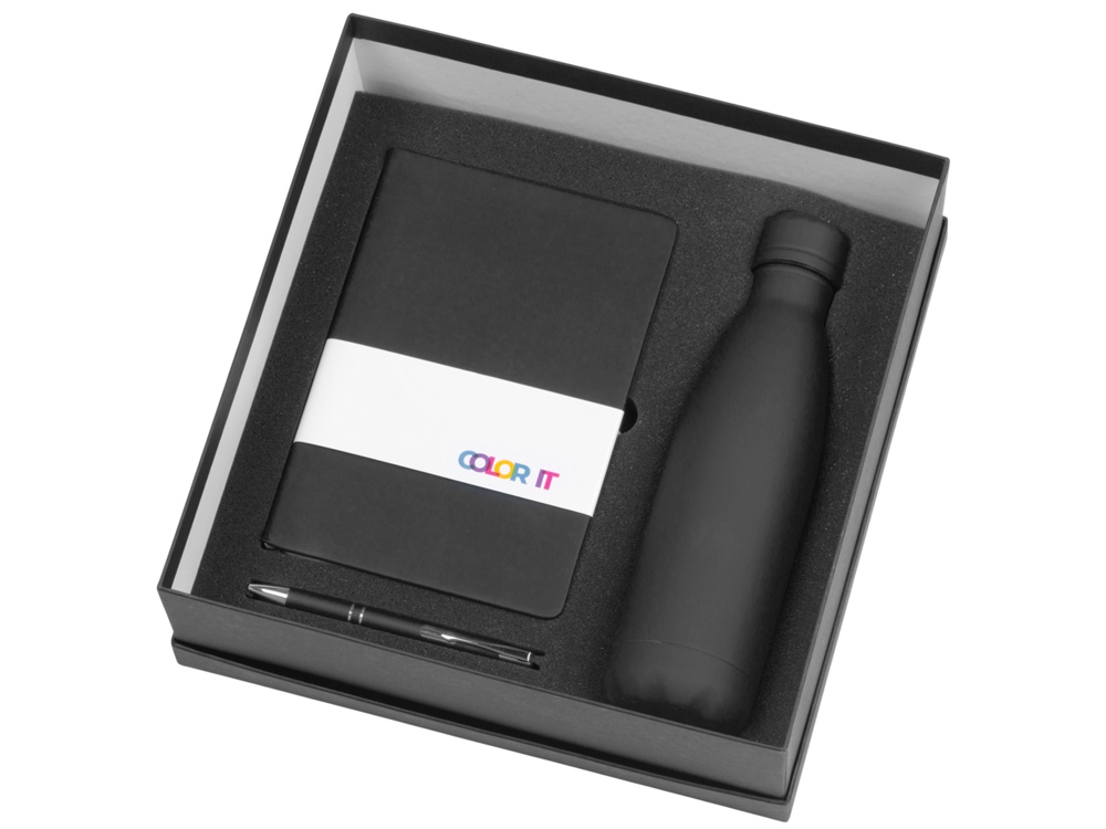 Подарочный набор с блокнотом С2, металлической ручкой и термобутылкой, черный-1