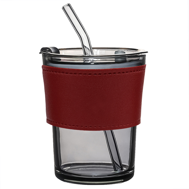 Стакан стеклянный с трубочкой и капхолдером Karamel, Бордовый-0