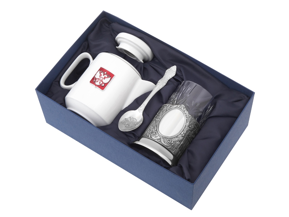 Чайный набор с подстаканником и фарфоровым чайником ЭГОИСТ-М, серебристый/белый-0