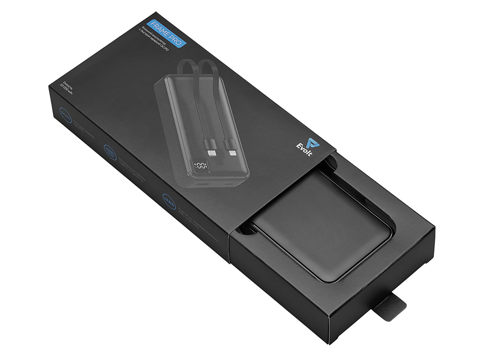 Внешний аккумулятор со встроенными кабелями Фрэйм Про, быстрая зарядка, 20000мач, черный-5