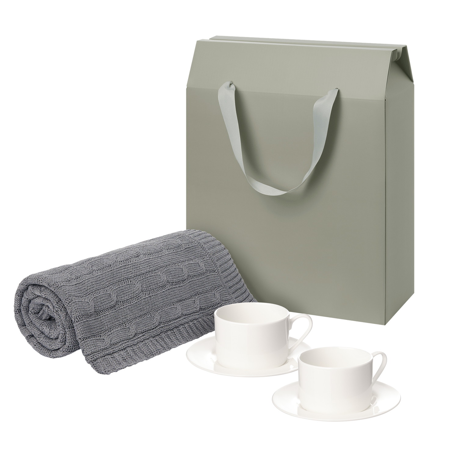 Подарочный набор Мокко (Mokko), Фадо (Fado), серый в коробке-пакете (две чайных пары, плед)-0