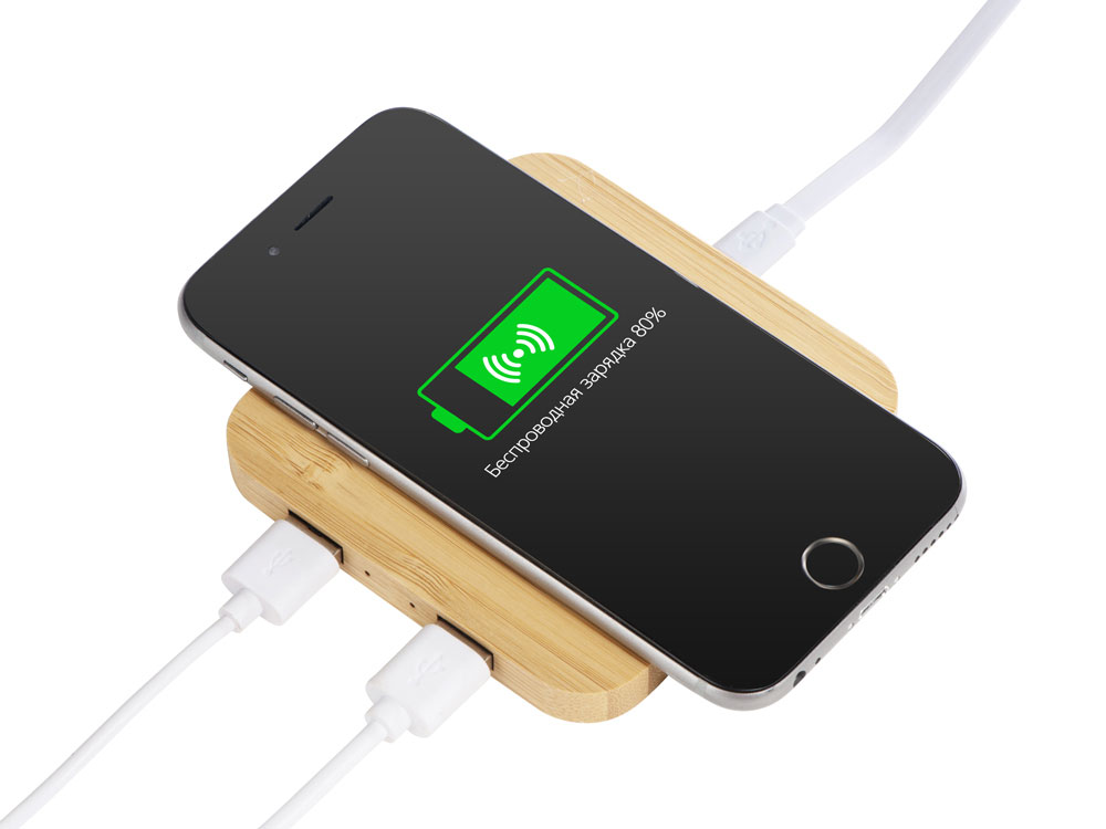 USB-хаб с беспроводной зарядкой из бамбука Plato-1