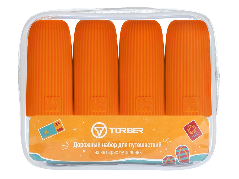 Дорожный набор бутылочек TORBER (4 пр.), силикон, оранжевый-2
