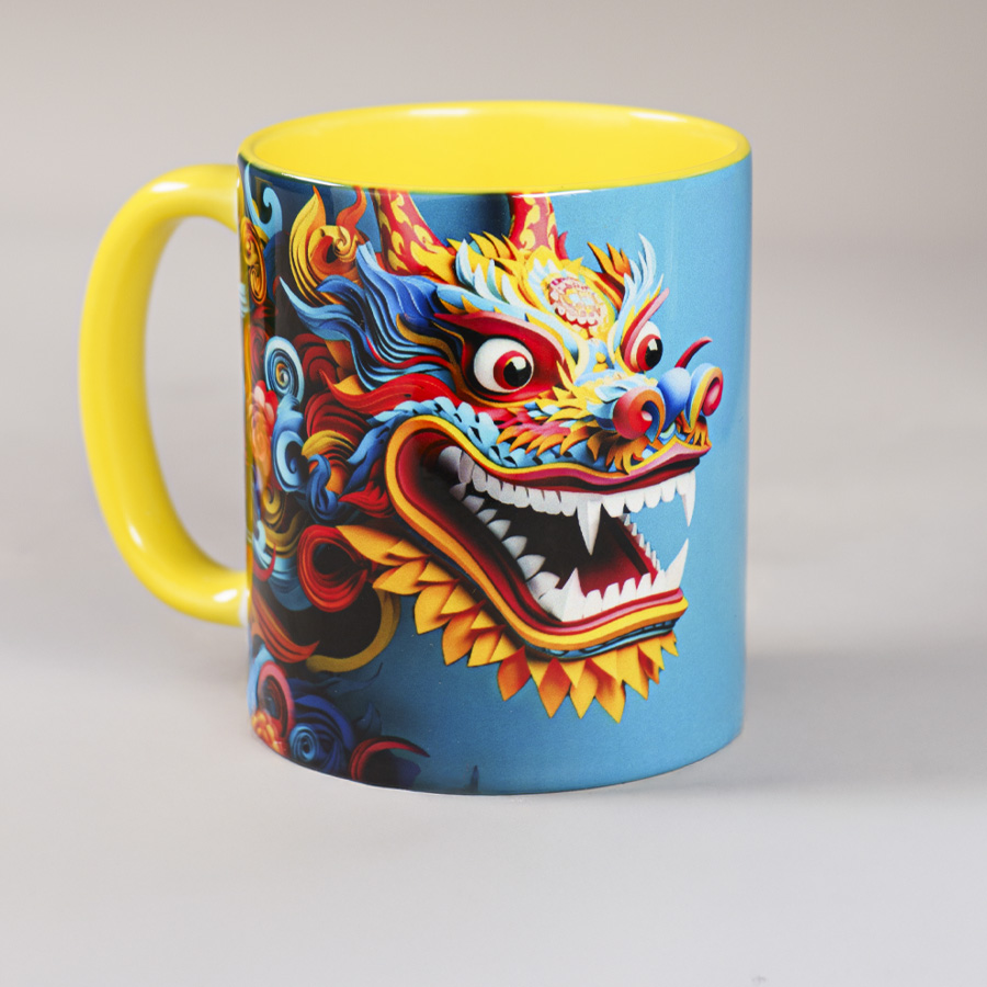 Кружка для сублимации, 330 мл, d=82 мм, стандарт А, белая, желтая внутри, желтая ручка, белый, желтый-2